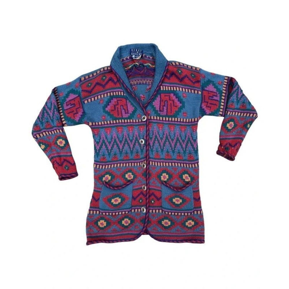 Vintage 70s Southwestern Aztec Print Shawl Collar Cardigan Sweater - L